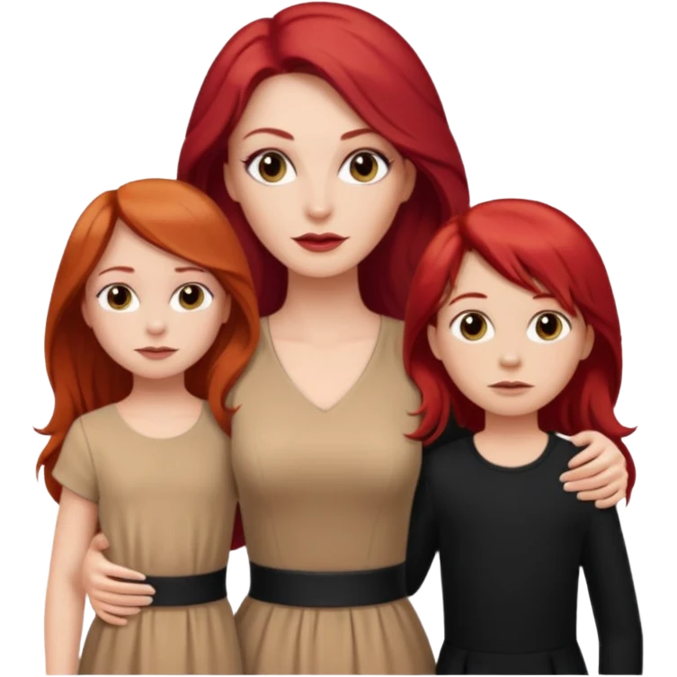 White woman in beige dress with long red hair and makeup with two kids in black clothes  emoji
