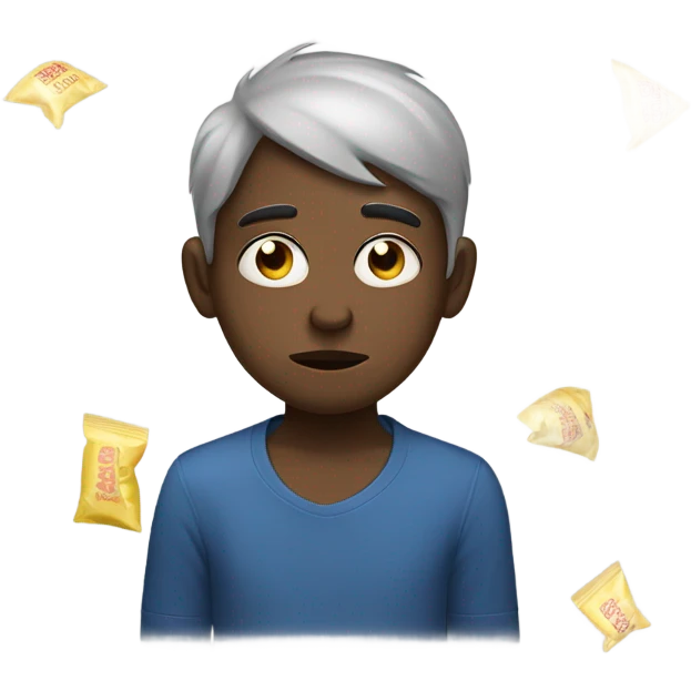 Tired kid with eye bags and a empty chip bag  emoji