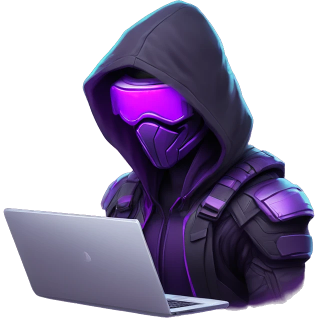 Side view developer behind his laptop with this style : crysis Cyberpunk Valorant neon glowing bright purple character purple violet black hooded assassin themed character emoji