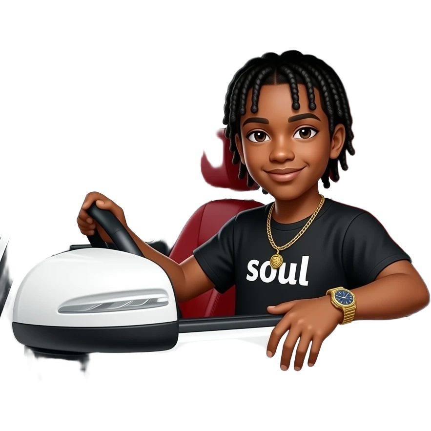 African American teenage boy with cornrow braids wearing a black shirt with the word soul on it wearing a gold watch wearing a gold tennis necklace sitting in a white Mercedes Benz G-Wagon truck with red interior emoji