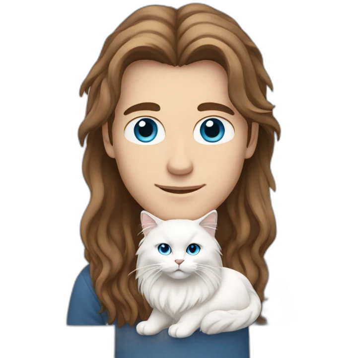 man with brown long hair and blue eyes holding a white Siberian cat emoji