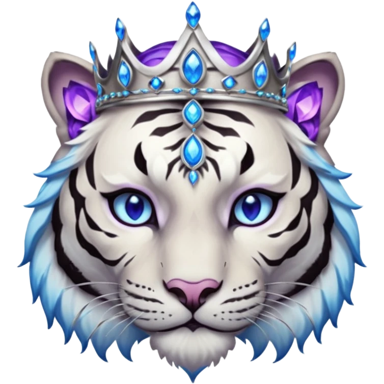 ESO Female white/black tiger khajiit leader of the umbral rose, glowing blue eyes, glowing blue 'third eye' gem; silver crown/tiara with purple gems emoji