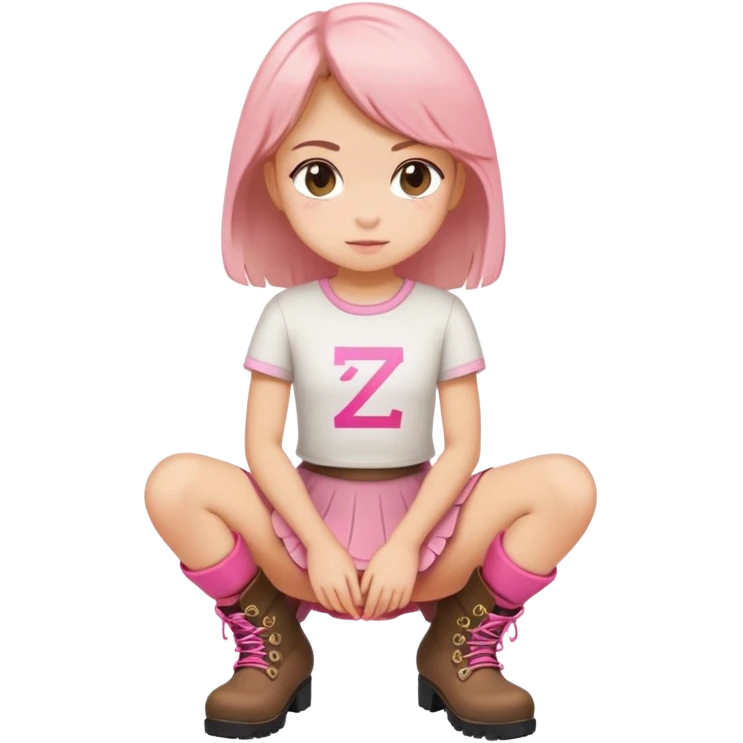  top and skirt with pink inscription “girl”  squatting in boots emoji