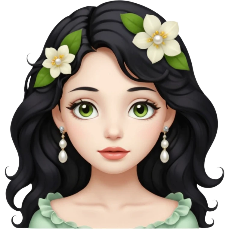 A soft and elegant girl with long wavy black hair, hazel-green almond eyes, full lips, and porcelain skin. She wears light makeup, pearl earrings, and sometimes a flower in her hair. Her style is feminine, dreamy, and cozy. emoji