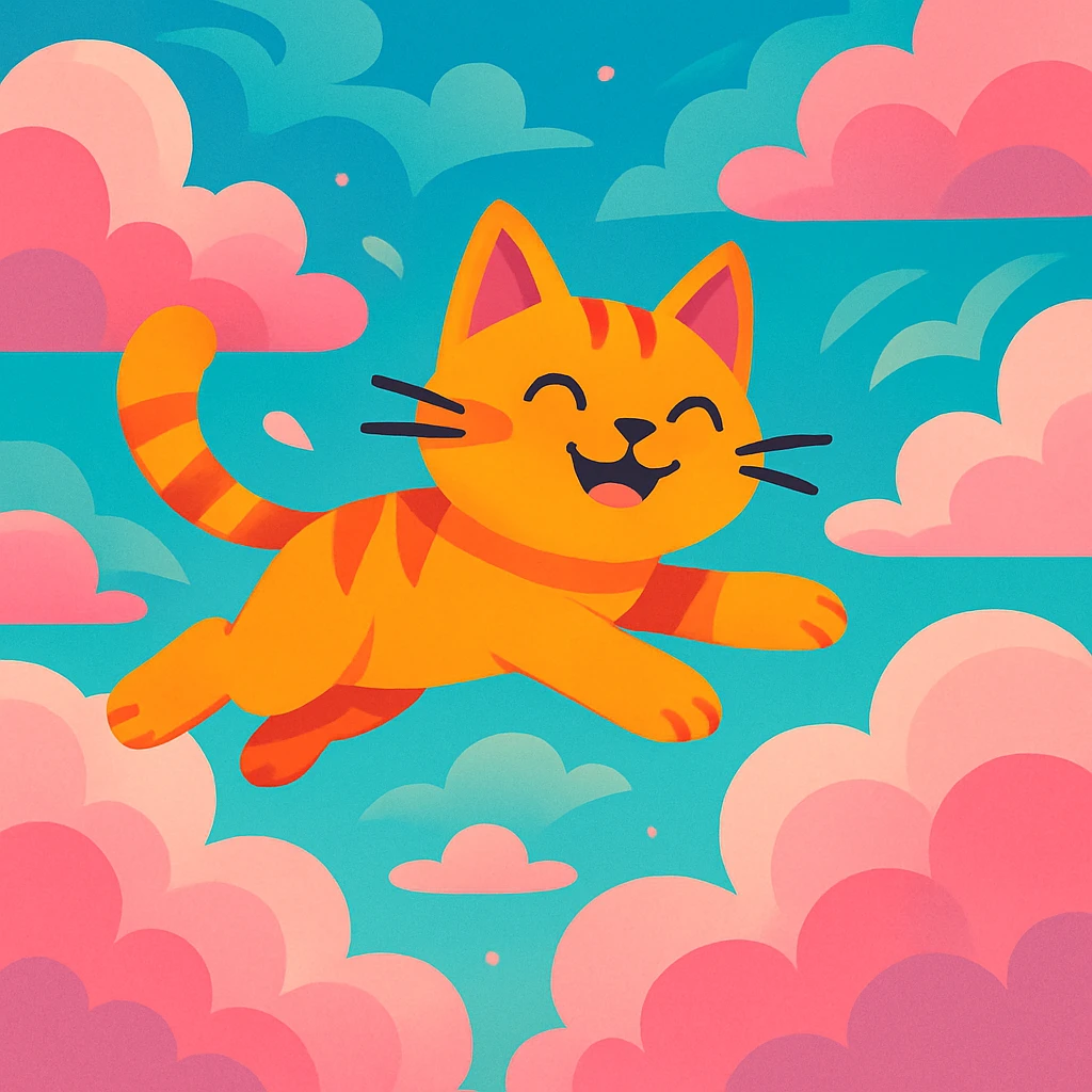 a cat flying in pink clouds, dreamy and whimsical, vibrant cartoon style emoji