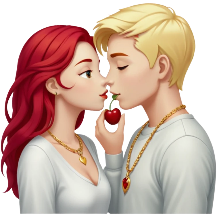 couple kissing, girl with long cherry red hair and blonde eyebrows, gold A necklace, light clothes, and boy with PURE WHITE SHORT HAIR (completely white like paper, not blonde, not gray) emoji