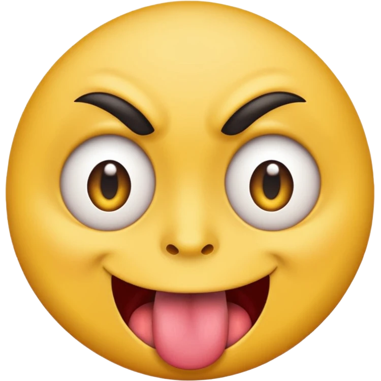 A yellow round face emoji smirking with its tounge out but the eyes are evil and kind of crazy and only one of the eyebrows is raised and the other eyebrow is lower and normal emoji