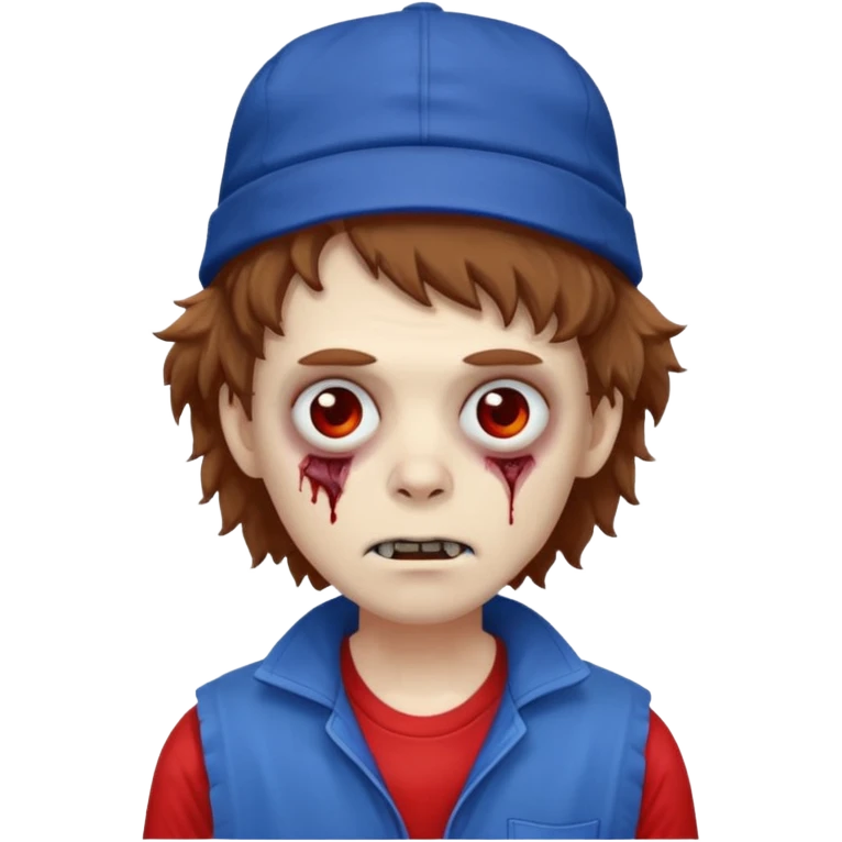 brown fluffy hair zombie with blue and white hat dark blue jilet red t shirt emoji