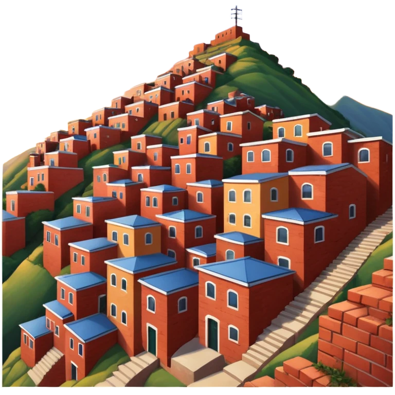 Urban Peruvian hillside neighborhood, brick houses stacked on steep hills, unfinished red brick buildings, colorful painted facades, narrow stairways, electric cables crossing the sky, sunset lighting, realistic style, cinematic, high detail emoji