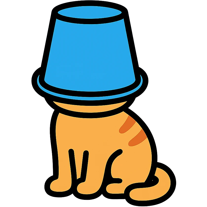 cute cat sitting with a large bucket stuck on its head emoji