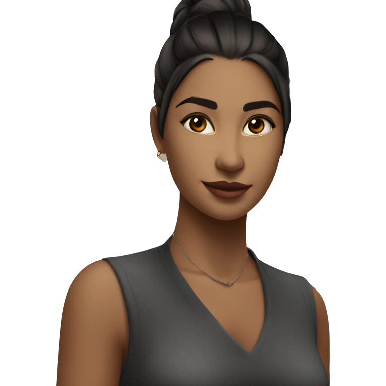 menina morena de quadril largo, cintura fina,pose em pé casual, vestido terninho elegante preto emoji