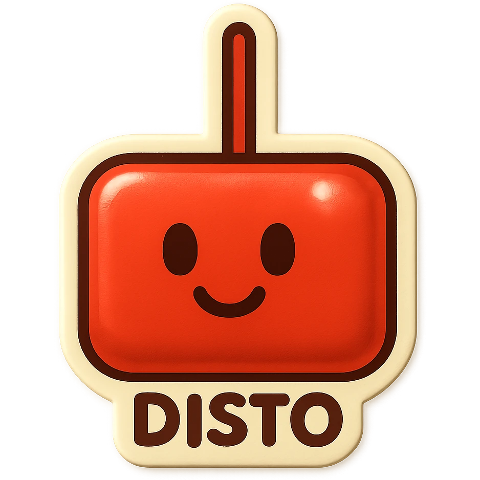 Transform the red block with a vertical line into a playful emoji called 'Disto'. Keep the bold red color and geometric simplicity. Add a friendly face and subtle details to give it character, while maintaining a minimal, iconic look in retro stickers style. emoji