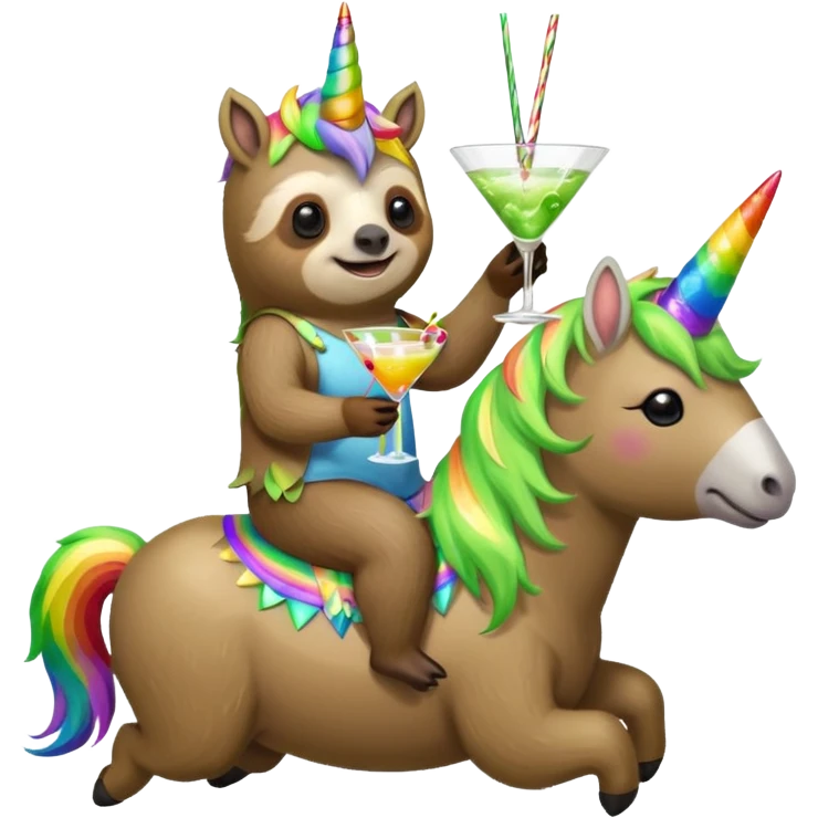 Sloth riding a unicorn drinking a martini emoji