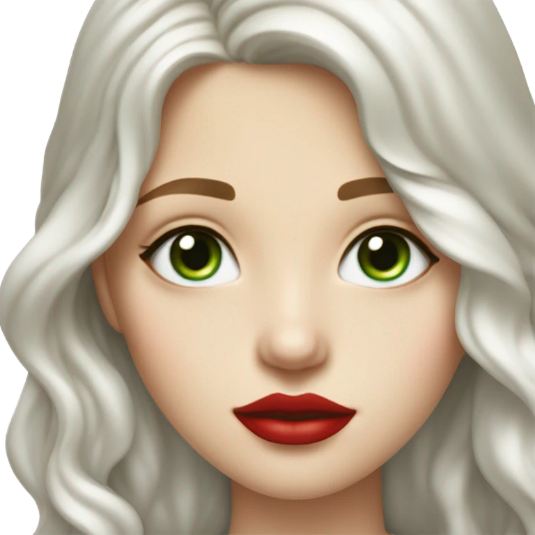 long wavy hair, tomato red lipstick, blue-green bright eyes, white skin and a very small sharp nose emoji