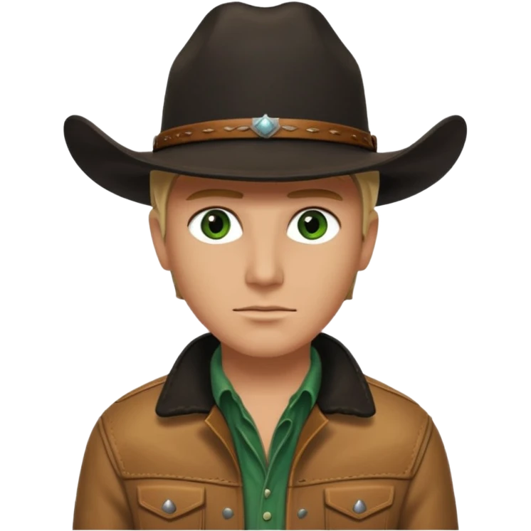 yellowstone ranch cowboy with black cowboy hat, black t-shirt, leather tan jacket, and green eyes emoji