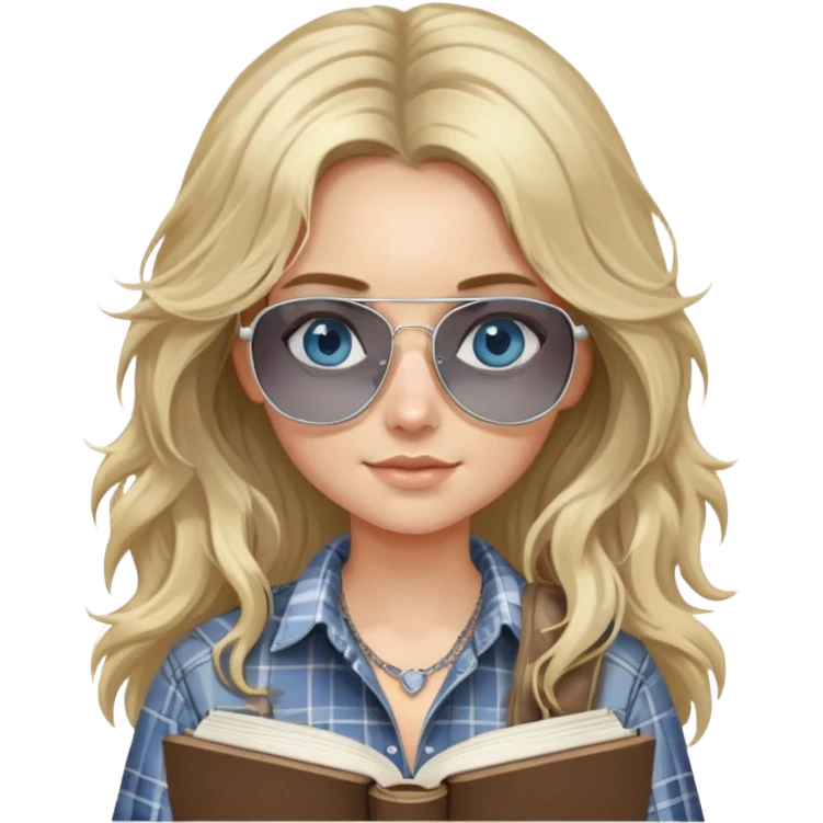 girl with long blond messy hair wearing grey plaid shirt with blue eyes and aviator sunglasses wearing a ring on her silver necklace, holding law books emoji