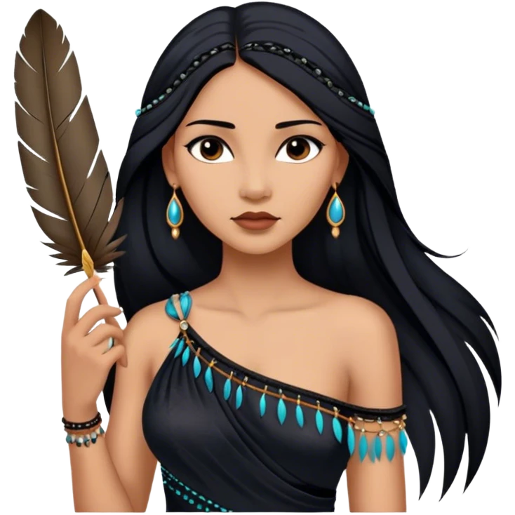 Cinematic Realistic Pocahontas Portrait, depicted with lifelike skin texture, soft natural lighting, and intricately detailed long, flowing raven-black hair that moves gracefully in the wind. Her deep, soulful dark brown eyes exude wisdom and strength, complemented by a serene yet powerful expression. She is shown gently holding a feather in one hand, her other hand resting lightly at her side, embodying the harmonious balance between nature and herself. She is dressed in her classic one-shoulder native American dress, with rich fabric textures and delicate beaded details that catch the light beautifully. The portrait features a soft, sun-kissed glow with a natural, radiant finish, capturing the essence of untamed beauty and deep connection to nature in a realistic and painterly style, evoking a sense of depth and authenticity. emoji