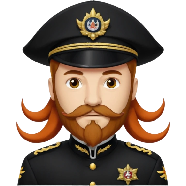 An auburn-hair'ed admiral with a flawless bear and mustache wearing a black admiral outfit and hat with Wolf Ears coming out of the hat, and 9 tails behind him, with the admiral black shirt featuring on the left breast pocket the insignia of Helldivers 2. emoji