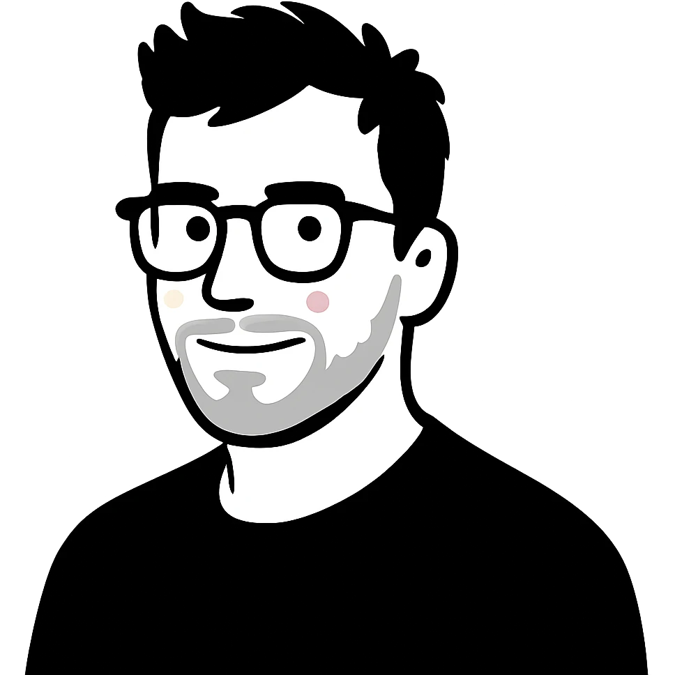 A casual man with stylish glasses, artistically messy hair, and a fine short beard, with a confident expression emoji