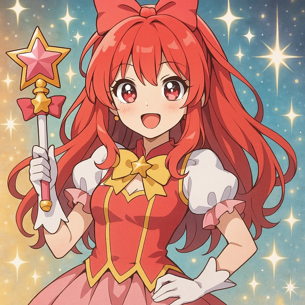 anime style woman with red hair in magical girl cosplay, holding a wand, sparkling eyes emoji