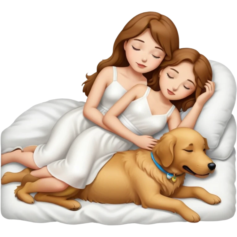 one girl with brown hair, light skin, and wear a white dress sleep on one golden retriever dog emoji