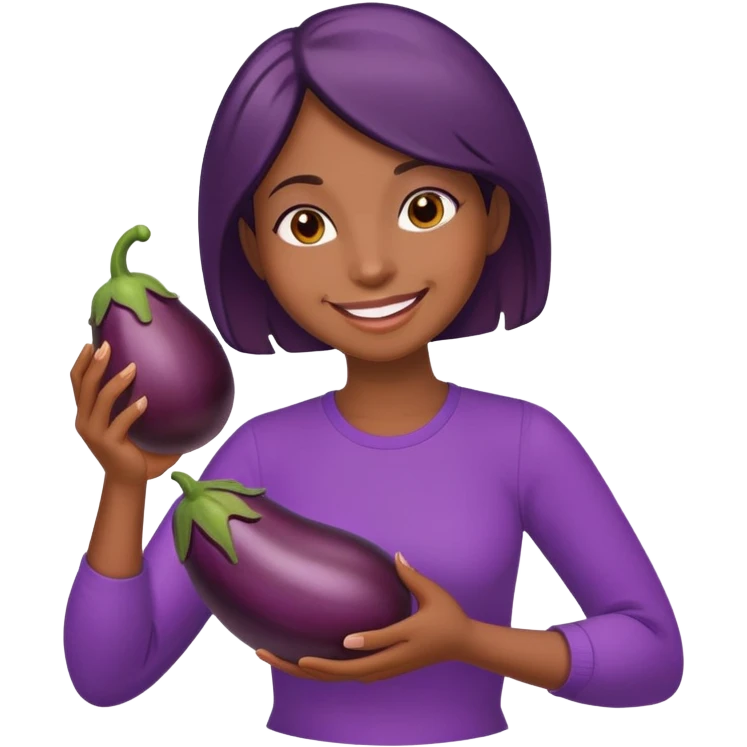 a dark medium brown woman holding an eggplant and smiling and coddling it  emoji