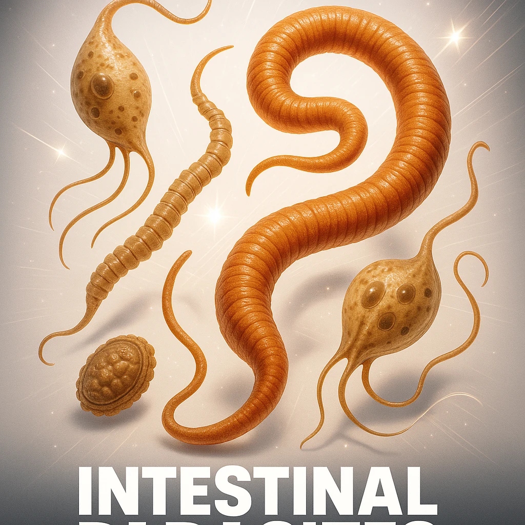 cinematic high-quality poster of large detailed intestinal parasites including worms protozoa microscopic forms floating at center slightly tilted casting soft shadows with bold white gradient background sparkle effects motion trails glow lines dynamic eye-catching bold modern style suitable for eCommerce and social media ads emoji