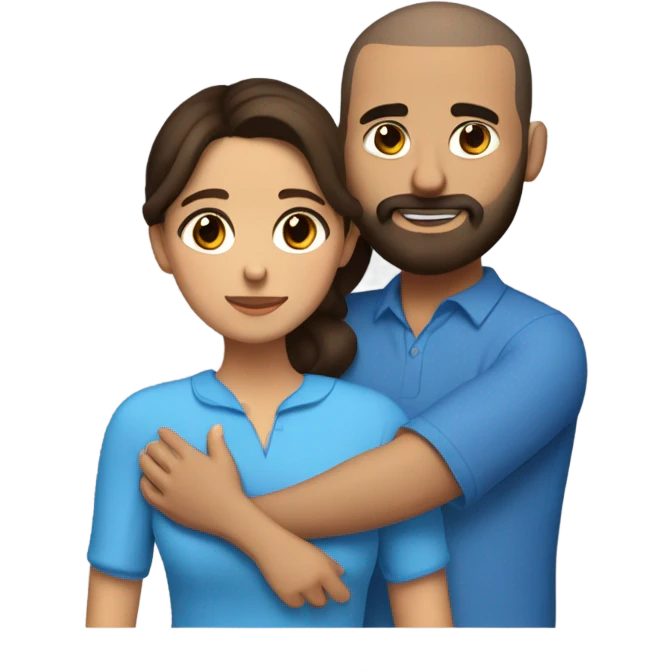 Comforting hug from brunette Puerto Rican with dark brown eyes wearing a cute blue blouse to short, bald man with brown eyes and a beard emoji