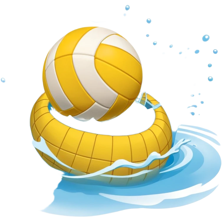 An icon featuring a yellow water polo ball floating on the water with goals in the background, inside a swimming pool. The design includes splashes and ripples, symbolizing the fast-paced action and strategy of water polo. Transparent background highlights. emoji
