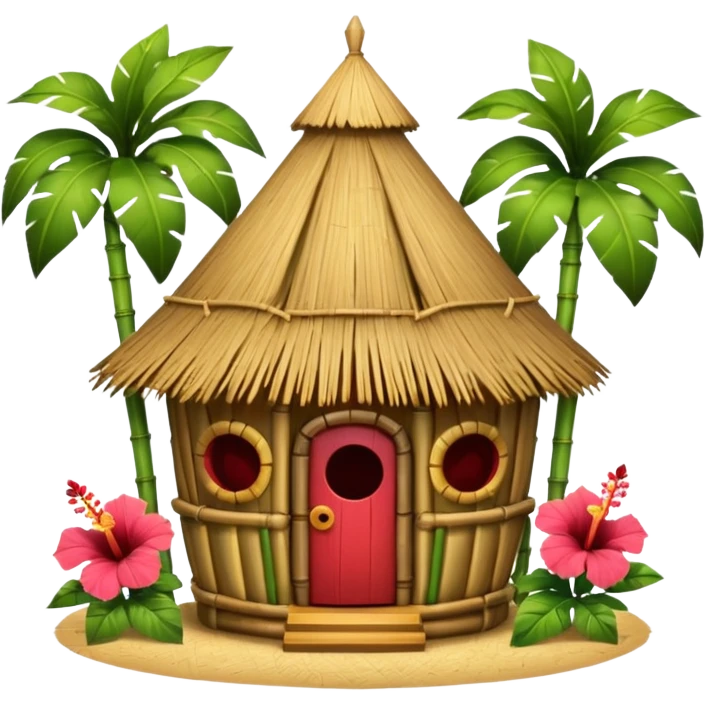 Hawaiian tiki hut house, round tropical hut, bamboo details, thatched roof, tiki masks decoration, hibiscus flowers, cute mobile game icon, 3D cartoon, clean background, no text emoji