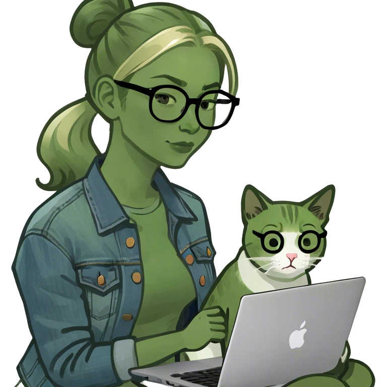 Blonde woman ponytail green eyes with cat and MacBook emoji
