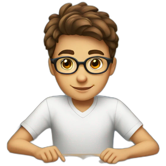 a 12-year-old boy with brown hair and gray eyes wearing glasses and a white shirt is sitting at a desk at school emoji