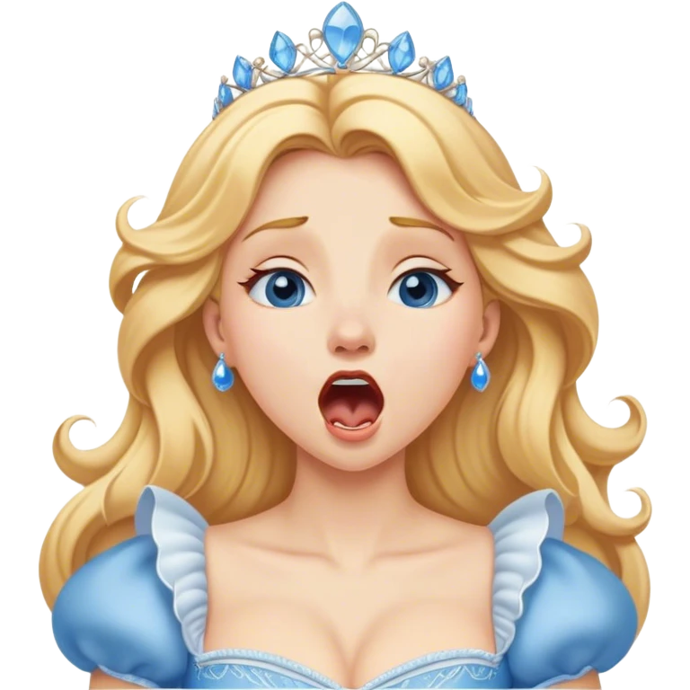 Cinematic Realistic Yawning Cinderella Portrait, showcasing lifelike porcelain skin and intricately detailed golden-blonde hair styled flawlessly as she mid-yawn reveals a moment of tender vulnerability. Her half-closed blue eyes and relaxed expression are rendered with natural, soft lighting that emphasizes the subtle textures of her face and the detailed, flowing fabric of her iconic gown. The scene glows with a cozy, authentic warmth that captures a rare, intimate moment of repose. emoji