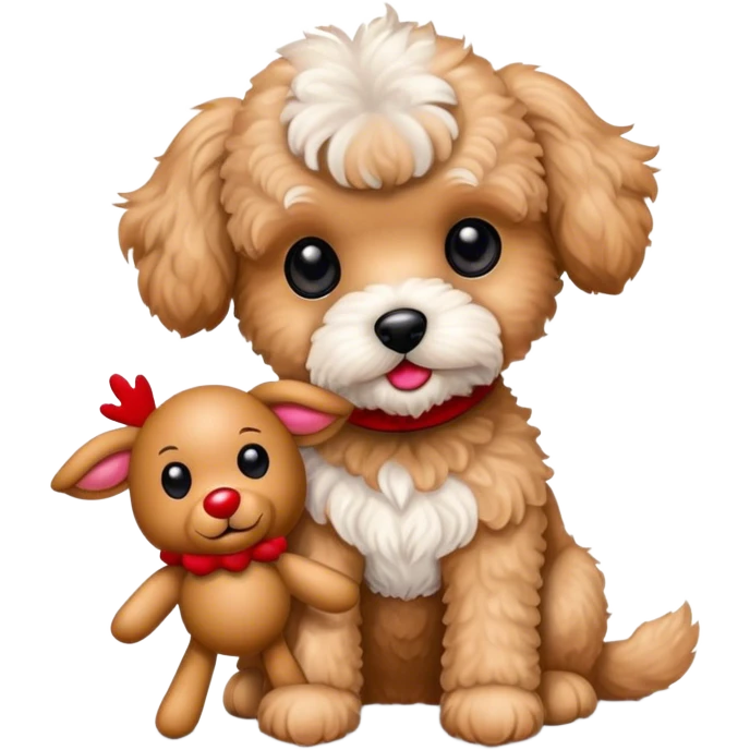 Tan maltipoo holding Rudolph the red  nose reindeer stuffed animal  emoji
