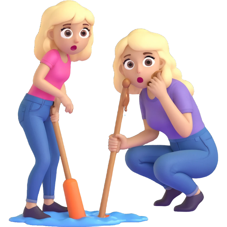 blond woman sitting on her knees with wide eyes, another man in jeans is staying (not sitting) on her left, she's holding a wide skin-colored stick with a D-shaped knob, the stick and the nob have skin texture, water squirting from the knob into her mouth, shocked face emoji