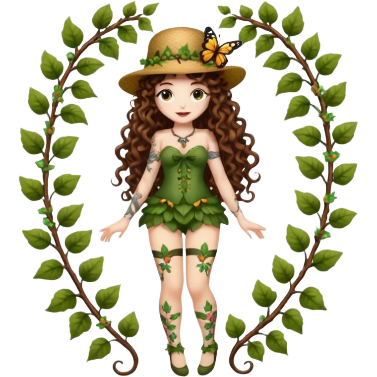 full body woman long curly brown hair brown eyes white skin tattoos wearing butterfly hat and glowing vine stockings emoji
