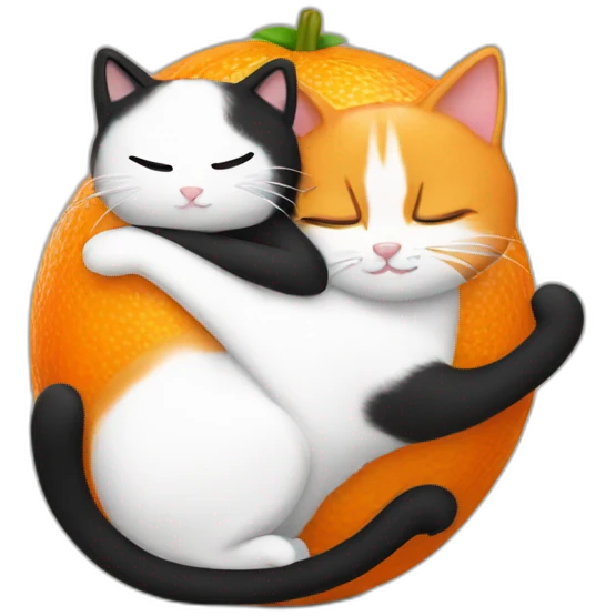 an orange and a black and white cat hugging emoji