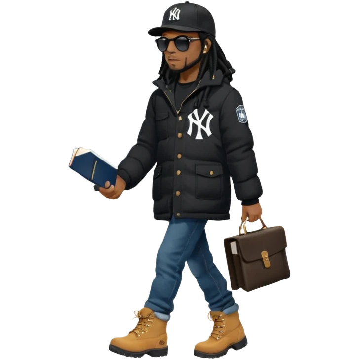 African American man with shoulder length black dreadlocks and black sunglasses wearing a black New York Yankees baseball hat with a North Face brand bubble winter coat with denim skinny jeans and timberland boots walkingholding a bible emoji