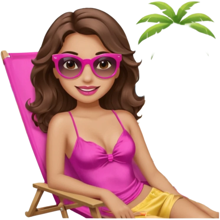 girl with long wavy brown hair, brown eyes, long lashes makeup, sexy pink lips, smiling, light to medium complexion, wearing a pink sexy silk top, relaxing in a beach chair  emoji