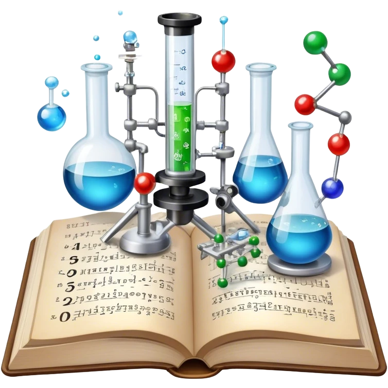 Icon for Scientific and Educational Reading: an open book with mathematical and physical formulas on the pages, with molecules and atoms flying out. On the desk are test tubes, flasks, and a microscope. Transparent background. emoji