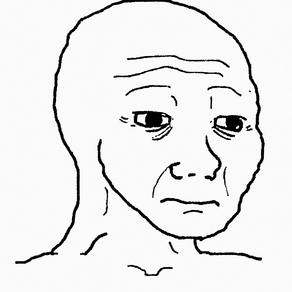 Wojak meme face, sad expression, single tear, simple line art emoji
