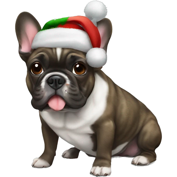Brindle french bulldog wearing a Christmas hat emoji