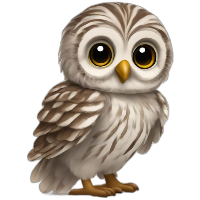 Baby Barred owl with fuzzy feathers with wide adorable eyes emoji