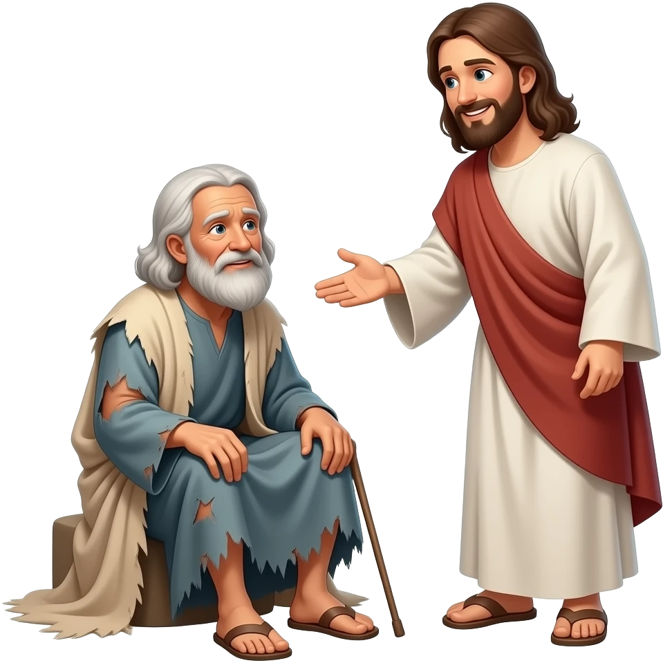 A full bodied old crippled man Who is poor sitting on the ground unable to walk and dress in tattered biblical clothing and Jesus stops to talk to him With a smile on his face emoji