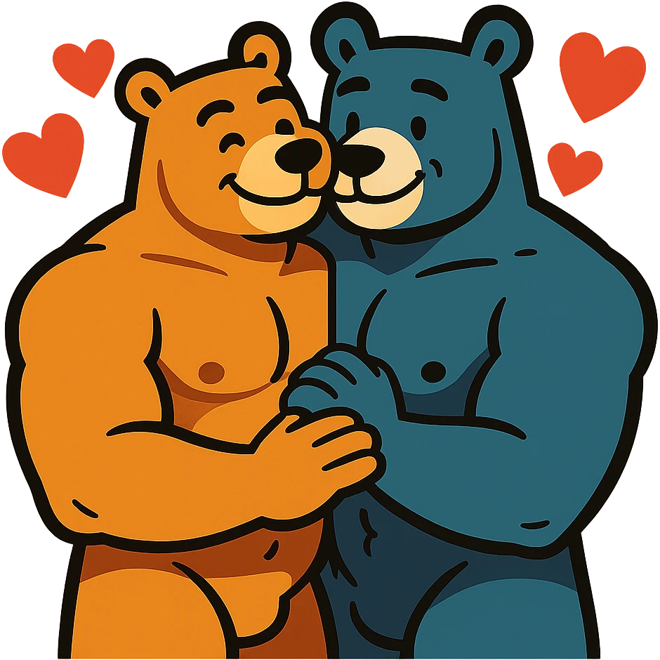 two muscular bears as a couple, affectionate pose, hearts around them, vibrant and cute style emoji