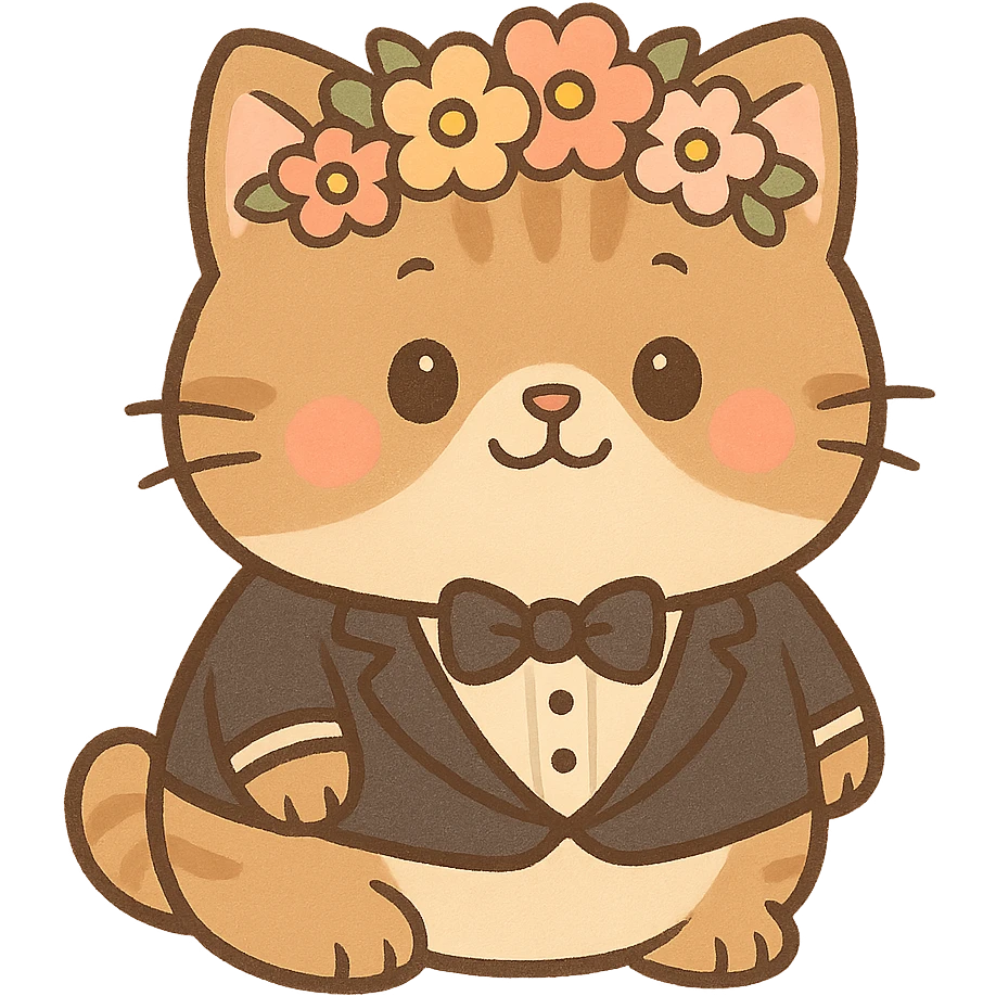 A chubby kitten wearing a tiny tuxedo and a flower crown, in a cute cartoon style emoji