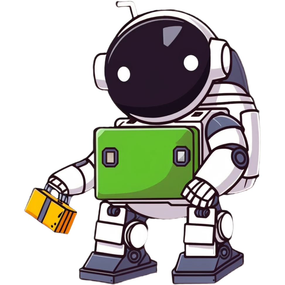 Rusted scavenger robot with patchwork body plates carrying collected treasures emoji