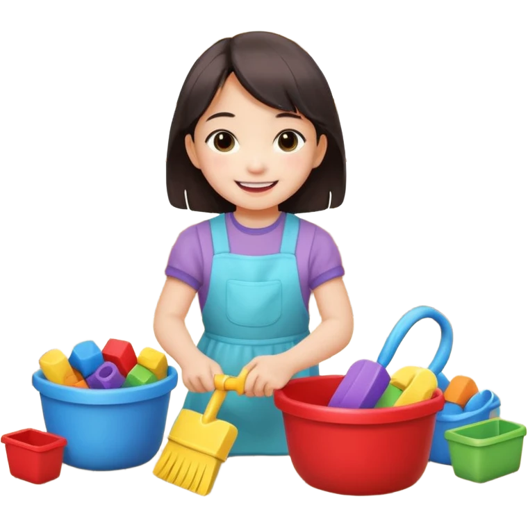 A cute 4-year-old Japanese girl with a big smile, proudly cleaning up her toys by herself in a bright playroom. She is putting colorful blocks and dolls back into baskets, looking happy and accomplished.  emoji