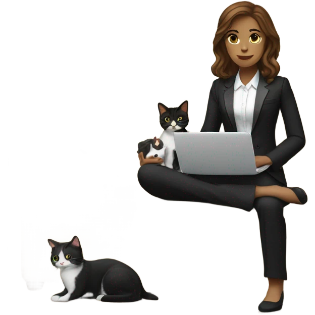 Light skinned woman with brown hair sitting on the couch laptop on her lap next to small black and white tuxedo cat emoji