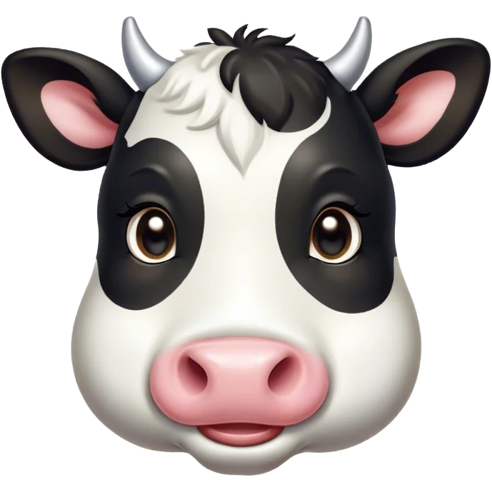 Cinematic Cute Black and White Cow Portrait Emoji, Head tilted playfully and inquisitively, featuring a glossy, contrasting coat of black and white, round, sparkling brown eyes filled with gentle curiosity, Simplified yet irresistibly adorable features, highly detailed, glowing with a warm, friendly glow, high shine, affectionate and serene, stylized with a touch of contemporary charm, bright and endearing, soft glowing outline, capturing the essence of a mischievous yet loving cow, so playful it feels like it could moo out of the screen and into your arms! emoji